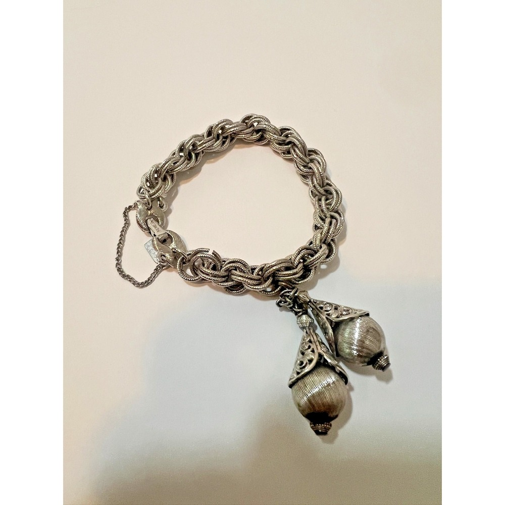 Vintage‎ MONET Rope Chain Charm Bracelet Filigree Drop Orbs Pears Signed Euro